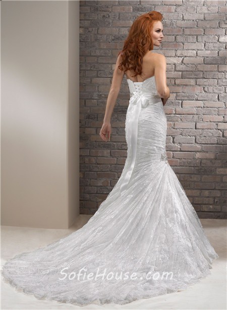 Romantic Mermaid Sweetheart Corset Back Lace Wedding Dress With Wrap Belt 3486