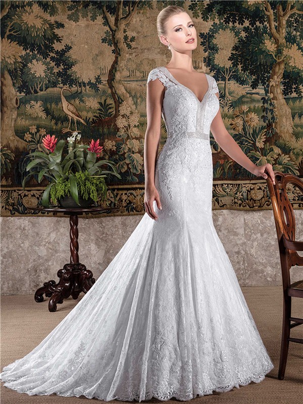 Romantic Mermaid V Neck Cap Sleeve Lace Beaded Wedding Dress With Buttons