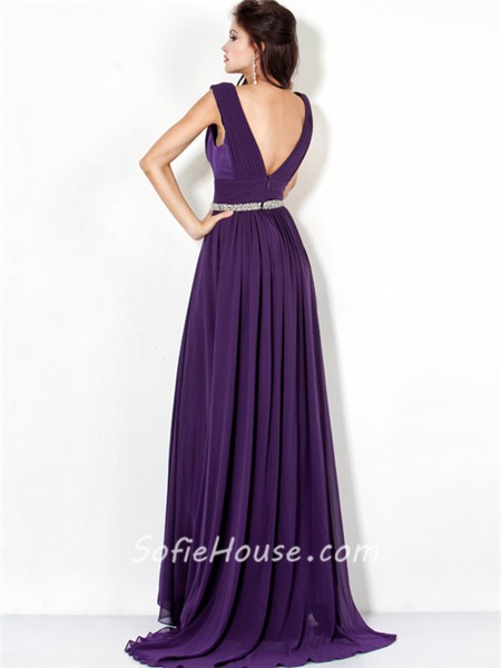 Sexy A Line Deep V Neck Long Purple Chiffon Evening Dress With Low Back