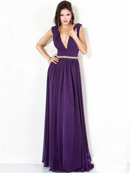 Sexy A Line Deep V Neck Long Purple Chiffon Evening Dress With Low Back 