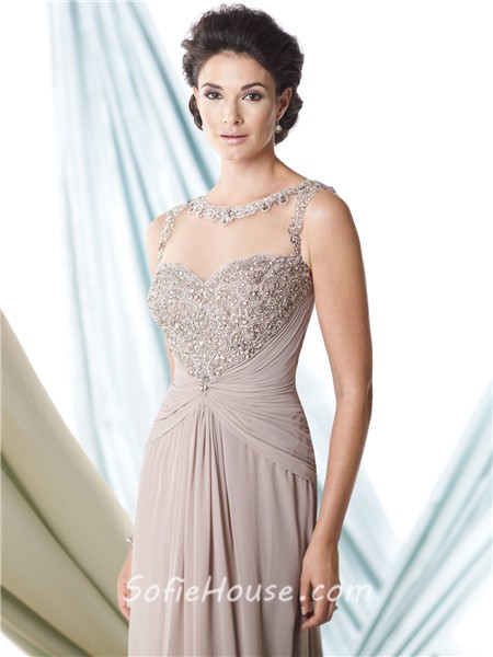 Sexy A Line Illusion Bateau Neckline Grey Chiffon Beaded Mother Of The Bride Evening Dress