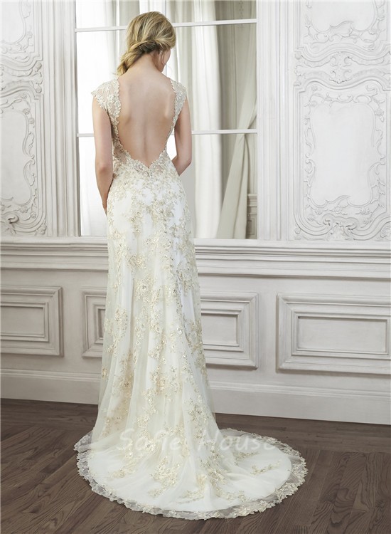 Sexy Mermaid High Neck Cap Sleeve Backless Champagne Lace Applique Wedding Dress 