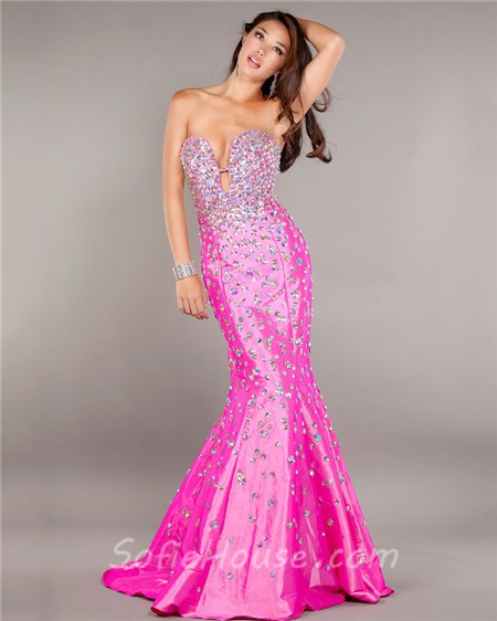 Sexy Mermaid Plunging Neckline Blush Pink Taffeta Beaded Prom Dress