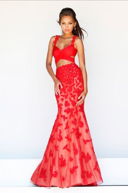 Sexy Mermaid Sweetheart Straps Long Red Tulle Lace Two Piece Prom Dress