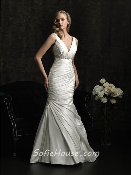 Sexy Mermaid V Neck Empire Waist Ruched Satin Wedding Dress With Train