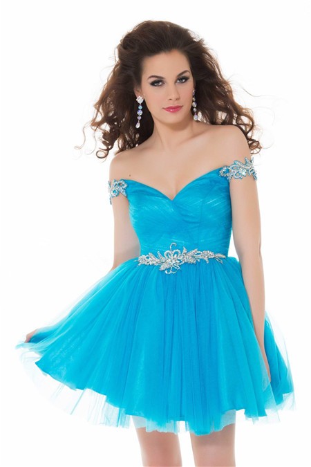 Sexy Off The Shoulder Short Turquoise Blue Tulle Beaded Homecoming Prom Dress
