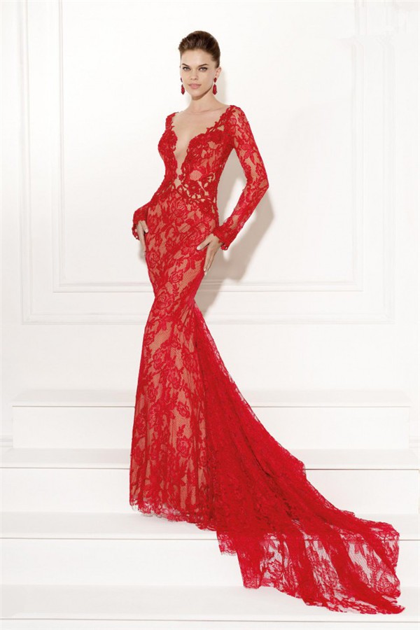 Sexy Plunging Neckline Open Back Long Sleeve Red Lace Evening Occasion Dress 9803
