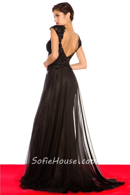 Sexy Sheath Cap Sleeve Backless Long Black Lace Beaded Sequin Evening Prom Dress 