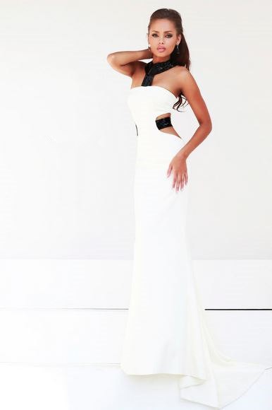 Sexy Sheath Halter Side Cut Out Backless Long Black White Chiffon Evening Prom Dress 