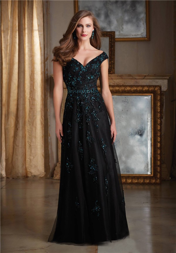 Sexy Sheath V Neck Long Black Tulle Lace Blue Beaded Evening Dress