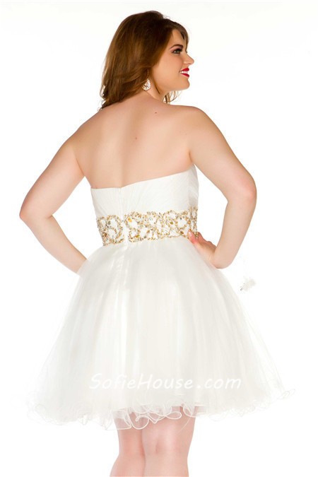 Sexy Strapless Short White Tulle Gold Beading Plus Size Cocktail Prom Dress 