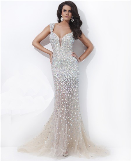 Sexy Unique Deep V Neck Backless Long Champagne Nude Tulle Beaded Evening Prom Dress