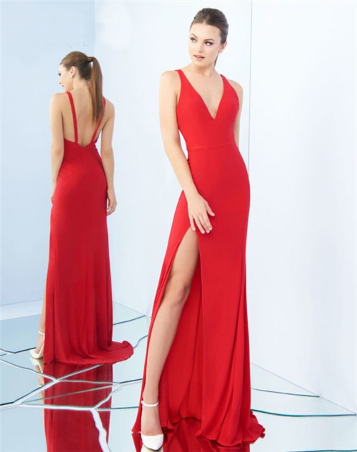 Sexy V Neck Low Back Side Slit Red Jersey Evening Prom Dress With Straps 