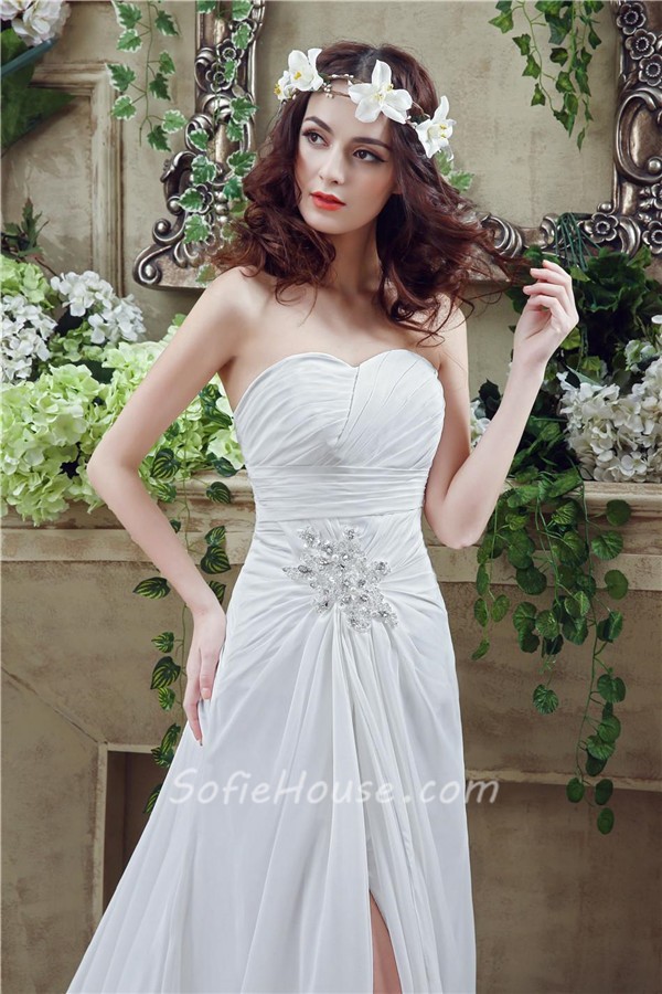 Sheath Strapless High Slit Corset Back Chiffon Beach Wedding Dress