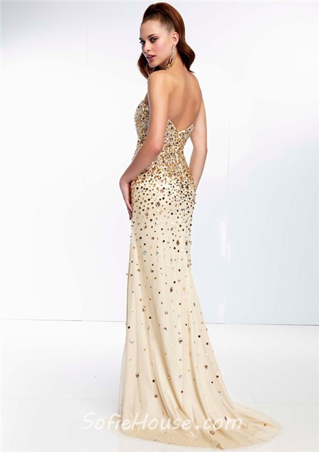 Sheath Sweetheart Long Champagne Silk Tulle Gold Beaded Prom Dress With Slit