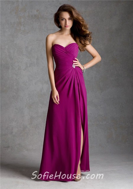 Sheath Sweetheart Strapless Long Light Pink Chiffon Wedding Guest Bridesmaid Dress With Slit 6917