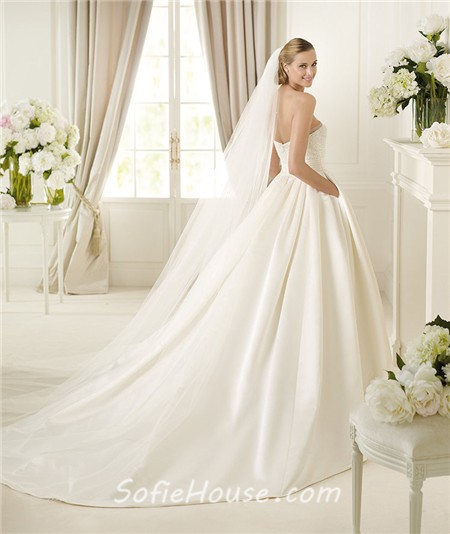 Simple A Line Strapless Ivory Satin Beaded Pearl Wedding Dress With Pockets 