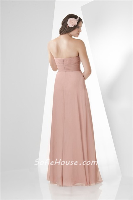 Simple A Line Strapless Long Peach Chiffon Draped Wedding Guest