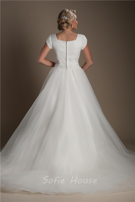 Simple Ball Gown Cap Sleeve Tulle Ruched Modest Wedding Dress With Beading Belt 5944