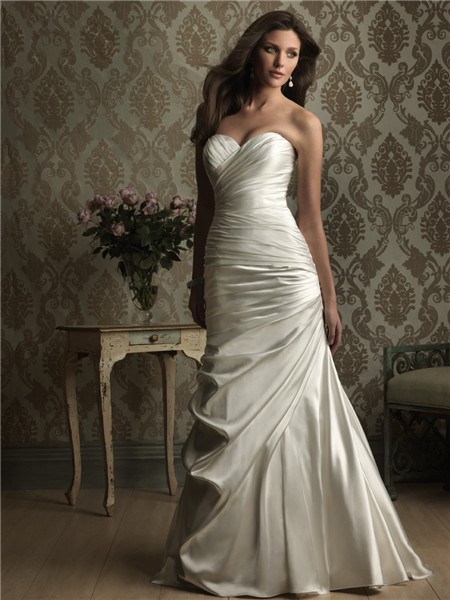 Simple Mermaid Sweetheart Ruched Satin Wedding Dress Lace Up Back 9799