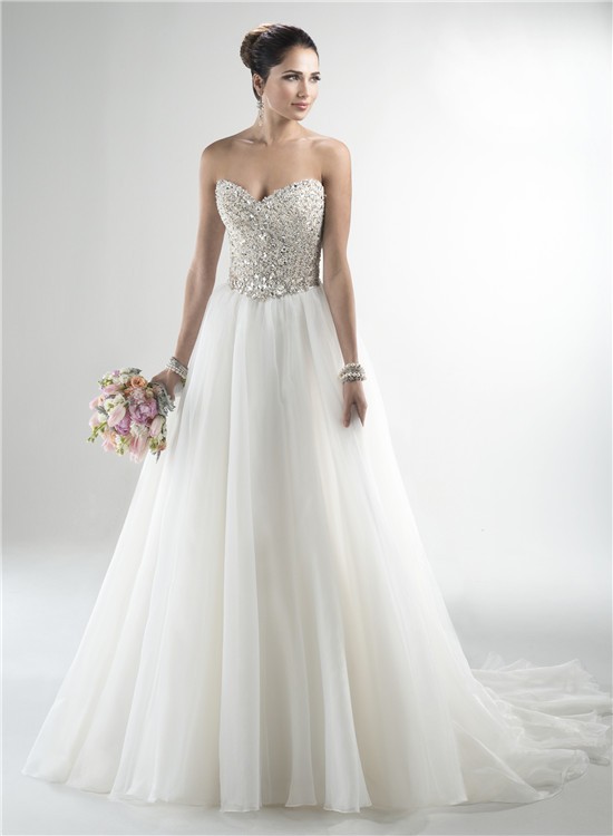 Stunning A Line Strapless Tulle Beaded Crystal Sparkly Wedding Dress