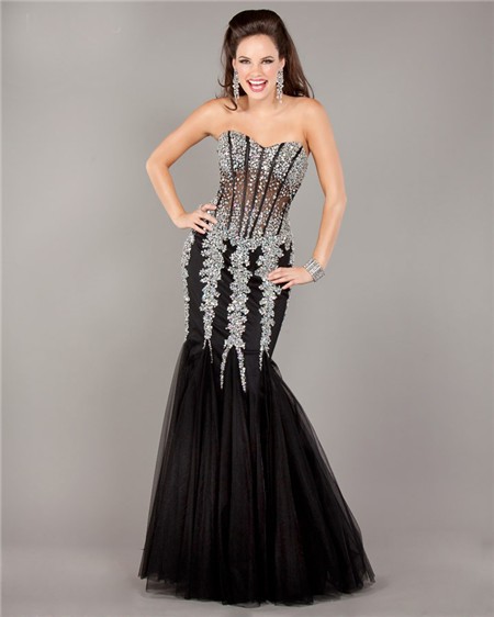 Stunning Mermaid Strapless See Through Black Tulle Beaded Prom Dress 