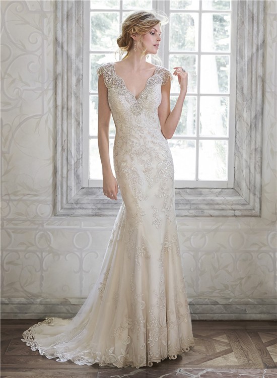 Stunning Mermaid V Neck Backless Cap Sleeve Lace Beaded Wedding Dress 4531