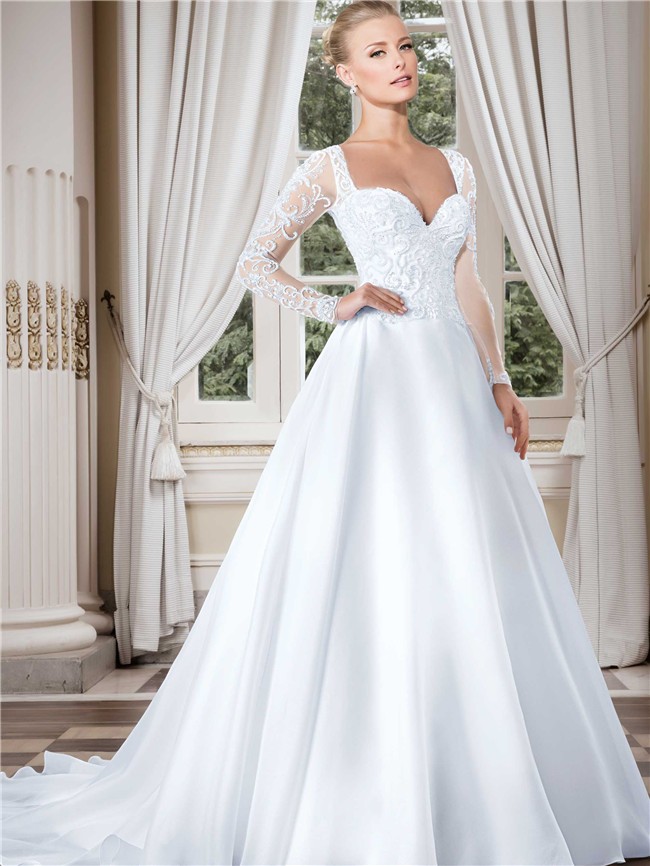 Stunning sweetheart long sleeve organza tulle beaded wedding dress with buttons
