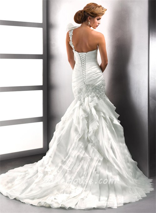 Trumpet Mermaid One Shoulder Tiered Organza Wedding Dress With Crystals Applique