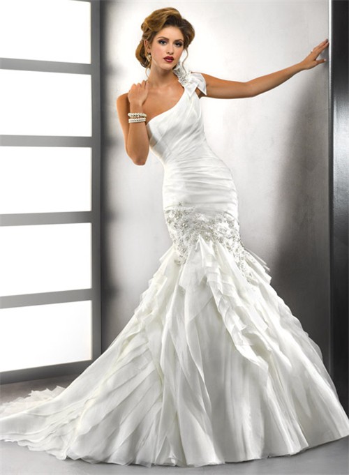 Trumpet Mermaid One Shoulder Tiered Organza Wedding Dress With Crystals Applique