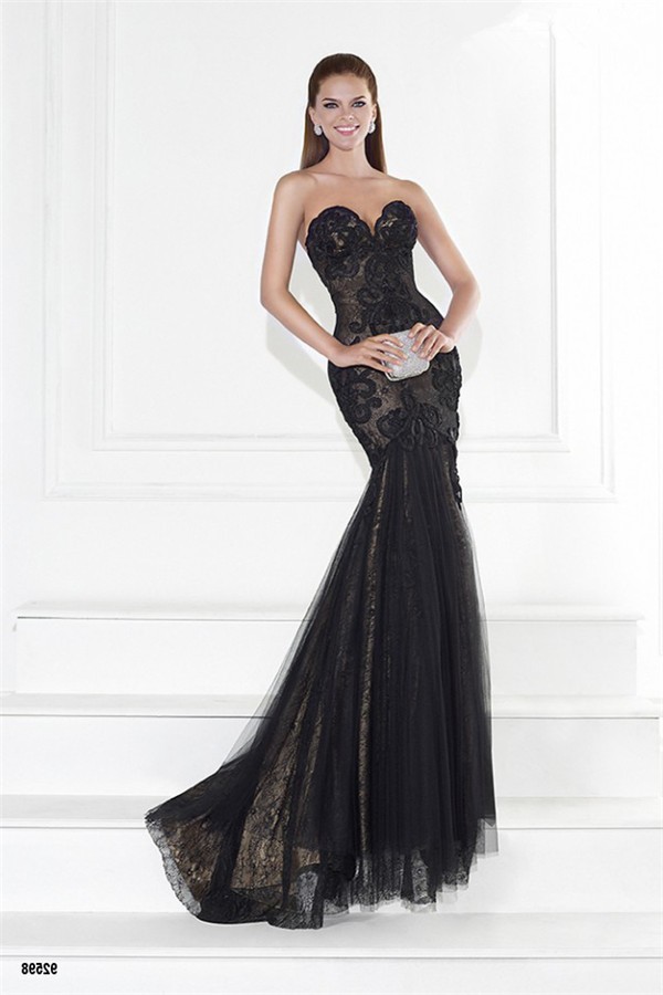 Trumpet Sweetheart Black Tulle Lace Evening Prom Dress