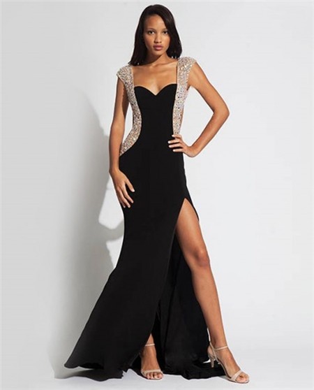 Unique Sexy Sweetheart Cap Sleeve Backless Long Black Chiffon Tulle Beaded Evening Prom Dress