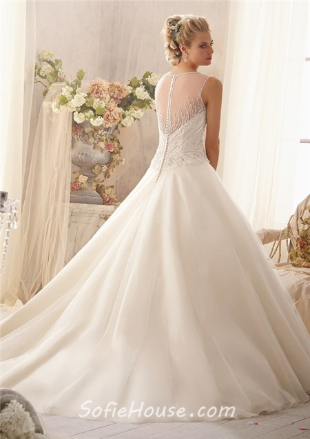 Unusual Ball Gown Illusion Neckline Sheer Back Tulle Beaded Wedding Dress With Buttons 