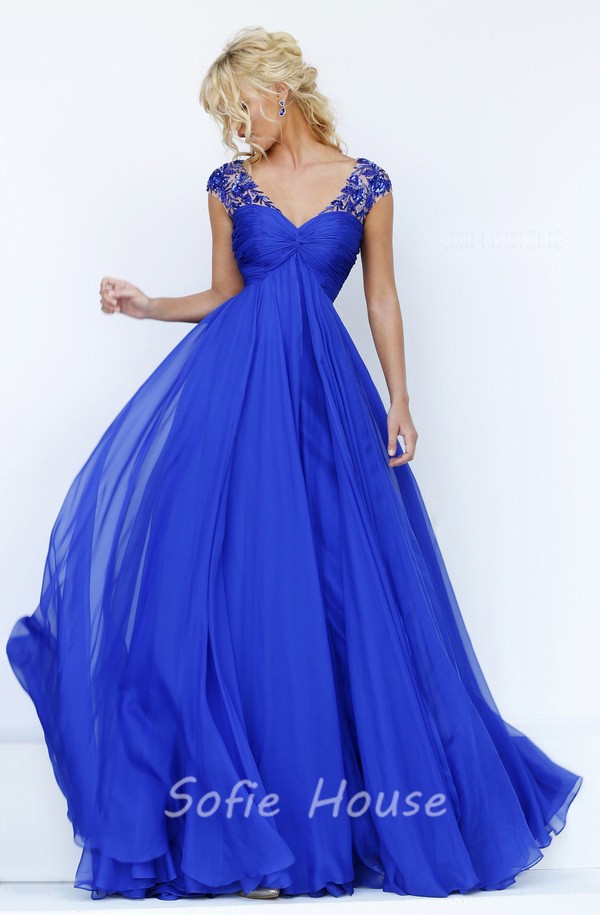 V Neck Cap Sleeve Open Back Empire Waist Royal Blue Chiffon Flowing Prom Dress 9004