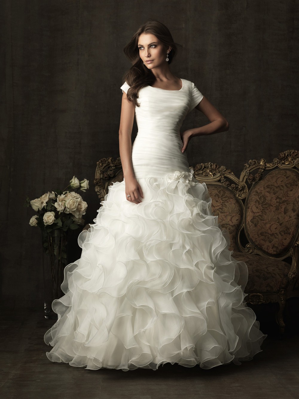 Ball Gown Square Neck Organza Ruffle Modest Wedding Dress With Sleeves