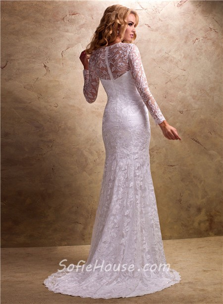 Fit And Flare Mermaid Illusion Neckline Long Sleeve Lace Wedding Dress