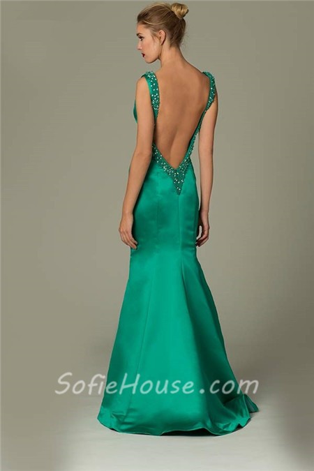 Sexy Mermaid V Neck Backless Emerald Green Satin Beaded Occasion Evening Dress 8990