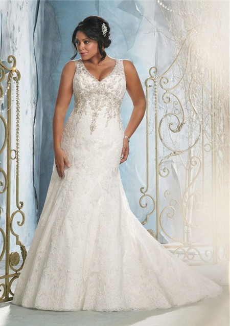 Sexy Mermaid V Neck Lace Beaded Plus Size Wedding Dress With Pearls Crystals 2487