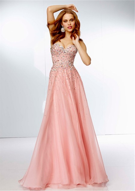 A Line Strapless Sweetheart Neckline Long Pink Chiffon Beaded Prom Dress 3030