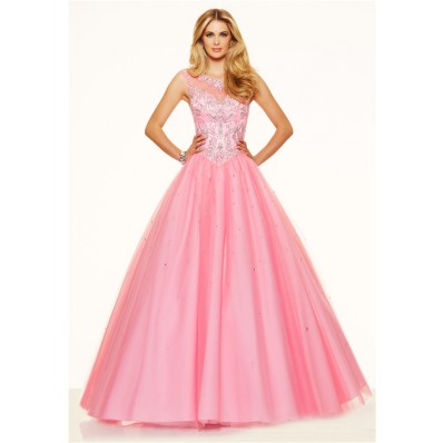Ball Gown Illusion Neckline Open Back Corset Light Pink Tulle Beaded ...