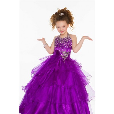 Lovely Princess Ball Halter Purple Organza Ruffle Girl Pageant Dance ...
