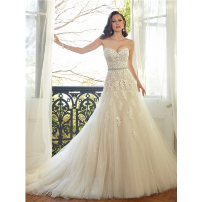 Romantic A Line Strapless Sweetheart Ivory Tulle Lace Beaded Crystal ...
