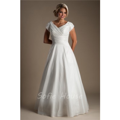 Simple A Line V Neck Taffeta Ruched Modest Wedding Dress With Sleeves ...