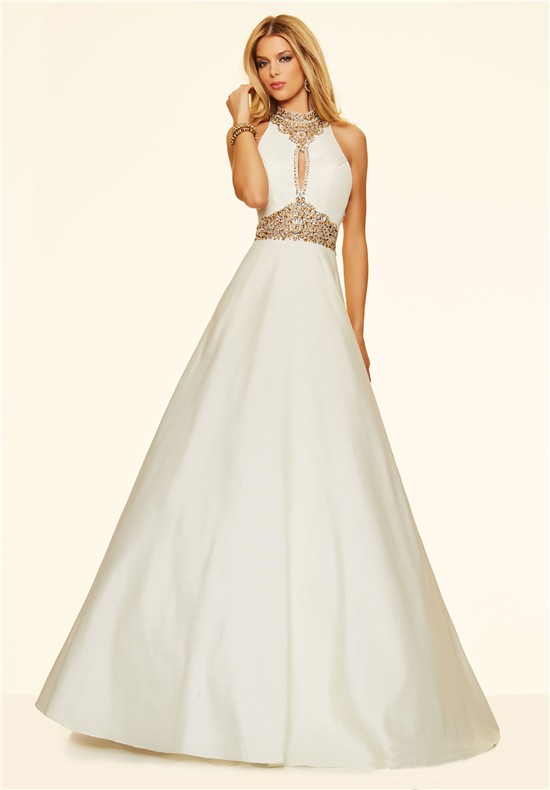 A Line High Neck Cut Out Long White Satin Beaded Prom Dress