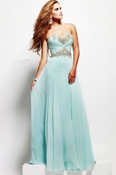 A Line Strapless Sweetheart Long Baby Blue Chiffon Beaded Evening Prom ...