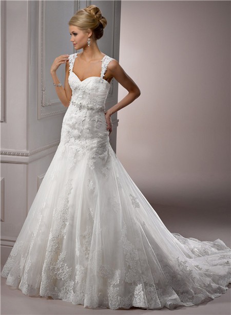 A Line Sweetheart Tulle Lace Wedding Dress With Detachable Straps Crystal