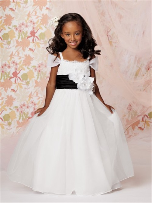 A-line Princess Floor Length White Organza Flower Girl Dress With ...