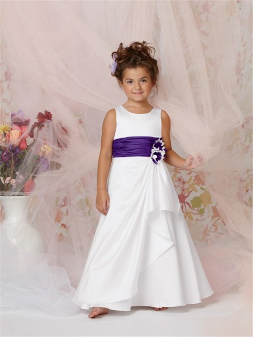 A-line Princess Scoop Floor length White Taffeta Flower Girl Dress with ...