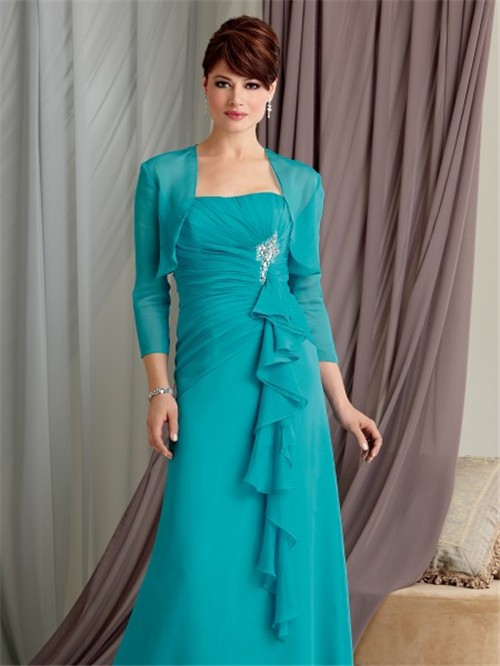 A line strapless floor length turquoise chiffon mother of the bride ...