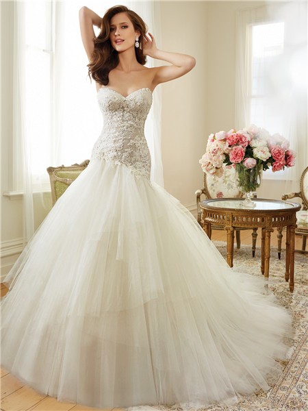 Asymmetrical Ball Gown Sweetheart Tulle Lace Beaded Corset Wedding ...